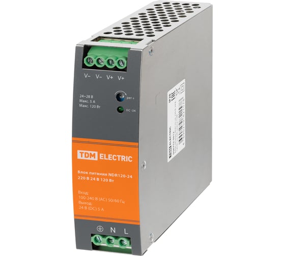 Блок питания TDM ELECTRIC NDR120-24, 220 В, 24 В, 120 Вт, на DIN-рейку SQ0752-0012