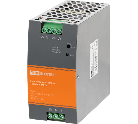 Блок питания TDM ELECTRIC NDR240-24, 220 В, 24 В, 240 Вт, на DIN-рейку SQ0752-0013