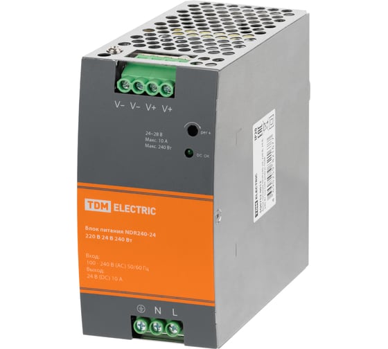 Блок питания TDM ELECTRIC NDR240-24, 220 В, 24 В, 240 Вт, на DIN-рейку SQ0752-0013