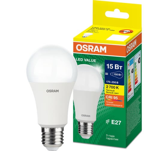Светодиодная лампа OSRAM LED Value, A, E27, 1200Лм, 15Вт, замена 125Вт, 3000К, теплый белый свет 4058075579095
