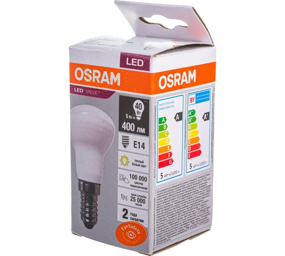 Светодиодная лампа OSRAM LED Value, R, E14, 400Лм, 5Вт, замена 40Вт, 3000К, теплый белый свет 4058075582514