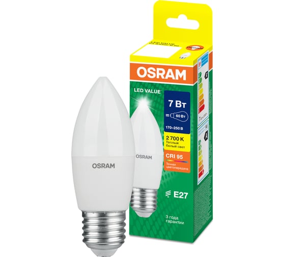 Светодиодная лампа OSRAM LED Value, B, E27, 560Лм, 7Вт, замена 60Вт, 3000К, теплый белый свет 4058075579446