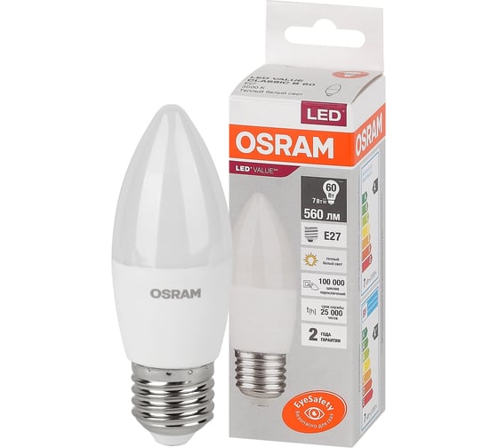 Светодиодная лампа OSRAM LED Value, B, E27, 560Лм, 7Вт, замена 60Вт, 3000К, теплый белый свет 4058075579446