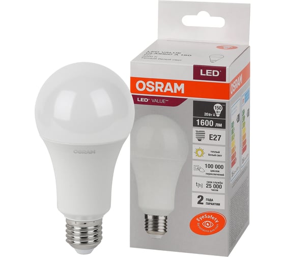 Светодиодная лампа OSRAM, LED, Value, A ,E27, 1600Лм, 20Вт, замена 150Вт, 3000К, теплый белый свет 4058075579293