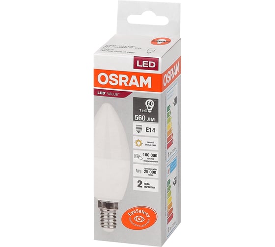 Светодиодная лампа OSRAM LED Value, B, E14, 560Лм, 7Вт, замена 60Вт, 3000К, теплый белый свет 4058075578883