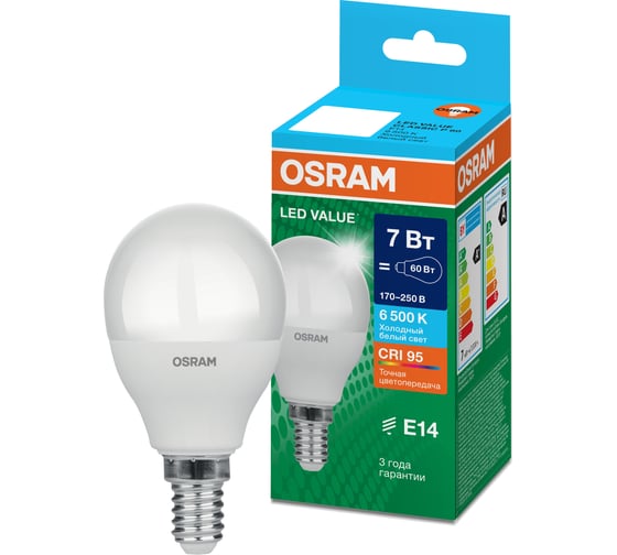 Светодиодная лампа OSRAM LED Value, P, E14, 560Лм, 7Вт, замена 60Вт, 6500К, холодный белый свет 4058075579682