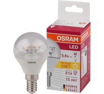 Светодиодная лампа OSRAM LED STAR, P, шар, 5.4Вт, E14, 470 Лм, 3000 К, теплый белый свет 4052899971622