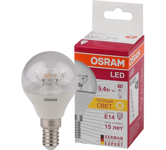 Светодиодная лампа OSRAM LED STAR, P, шар, 5.4Вт, E14, 470 Лм, 3000 К, теплый белый свет 4052899971622 1