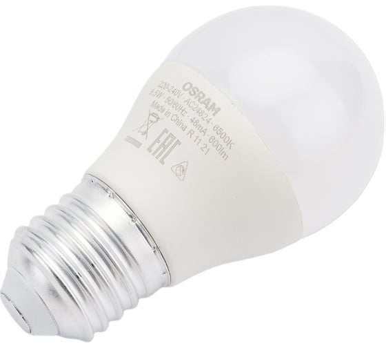 Светодиодная лампа OSRAM LED STAR, P, шар, 6.5Вт, E27, 550 Лм, 6500 К, холодный белый свет 4058075467767 1