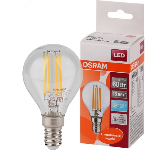 Светодиодная лампа OSRAM LED STAR, P, шар, 5Вт, E14, 600 Лм, 4000 К, нейтральный белый свет 4058075212480 1