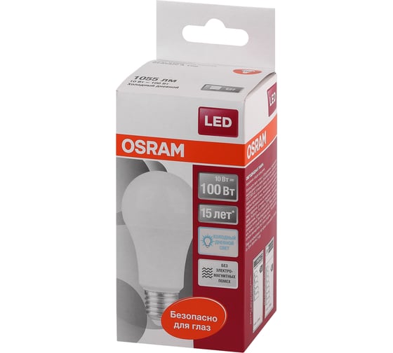 Светодиодная лампа Osram LED STAR, A, стандарт, 10 Вт, E27, 1055 Лм, 6500 К, холодный белый свет 4052899971585