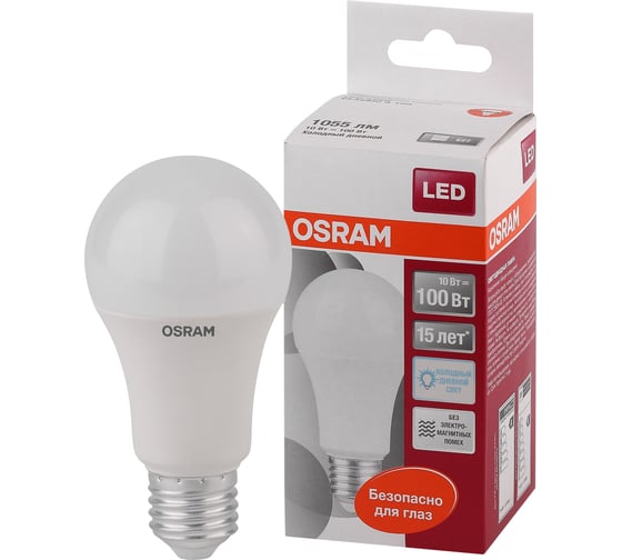 Светодиодная лампа Osram LED STAR, A, стандарт, 10 Вт, E27, 1055 Лм, 6500 К, холодный белый свет 4052899971585
