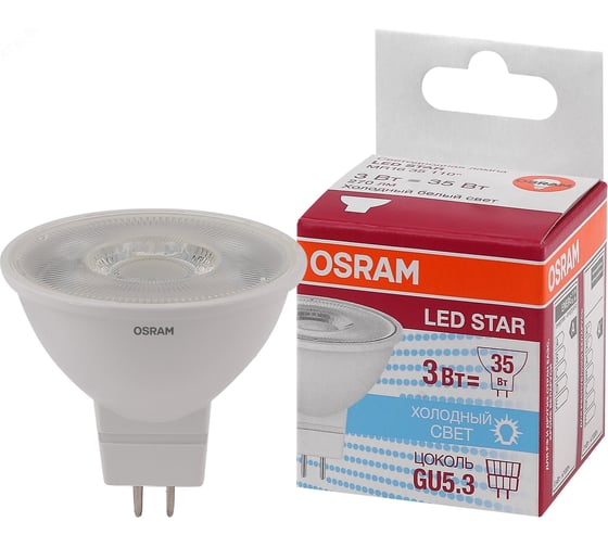 Светодиодная лампа OSRAM LED, STAR, MR16, reflector, 3Вт, GU5.3, 270 Лм, 5000 К, холодный белый свет 4052899981133