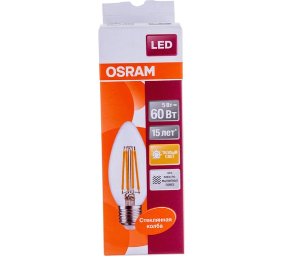 Светодиодная лампа OSRAM LED STAR, B, свеча, 5Вт, E27, 600 Лм, 2700 К, теплый белый свет 4058075212398
