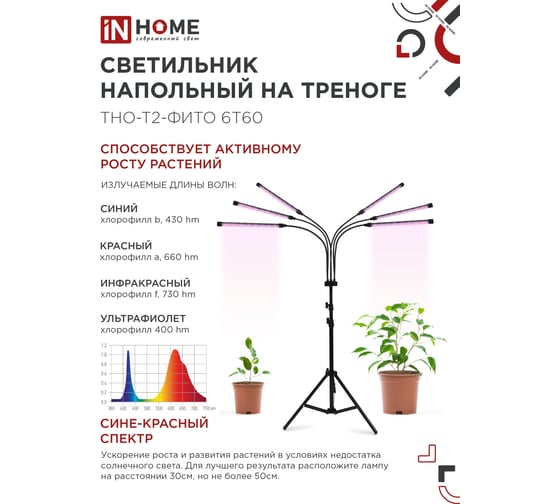 Светильник напольный на треноге светодиодный IN HOME ТНО-Т2-ФИТО 6Т60 60Вт 6 плафонов, пульт на шнуре ЧЕРНЫЙ 4690612053578