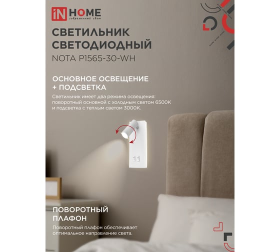 Светильник светодиодный IN HOME NOTA P1565-30WH 15Вт 6500К с подсветкой 3000К белый 4690612060194