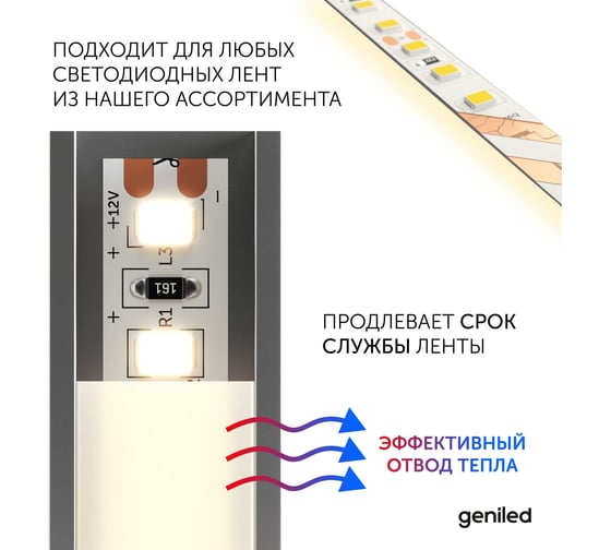 Комплект профиля для светодиодной ленты geniled накладной гибкий 18x6x2000 с заглушками и полукруглым рассеивателем 12171_ch