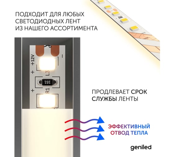 Комплект профиля Geniled 2м для светодиодной ленты угловой 16x16x2000 М20 с заглушками и L-образным рассеивателем 12345_ch
