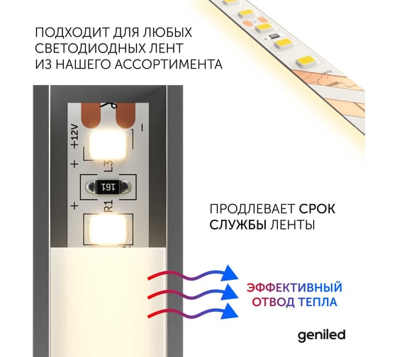 Комплект профиля для светодиодной ленты geniled угловой 16x16x2000 М20 с заглушками и полукруглым рассеивателем 12139_ch