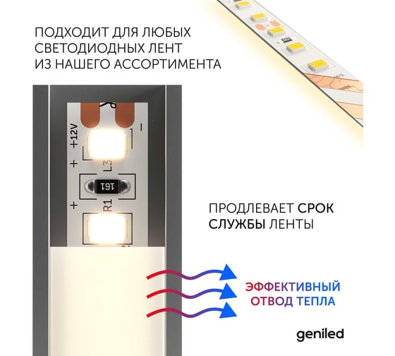 Комплект профиля Geniled 2м для светодиодной ленты угловой 16x16x2000 М20 Черный с заглушками и полукруглым черным рассеивателем (2шт) 12139b_ch_2