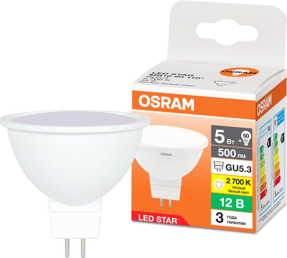 Светодиодная лампа OSRAM LED STAR MR16 5Вт GU5.3 500 Лм 2700 К Теплый белый свет 4099854323805