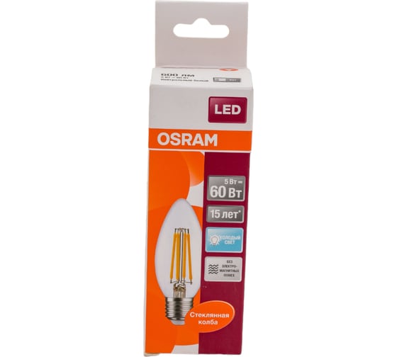 Светодиодная лампа OSRAM LED STAR B Свеча 5Вт E27 600 Лм 4000 К Нейтральный белый свет 4058075212428