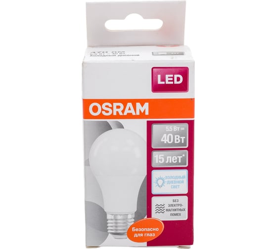Светодиодная лампа OSRAM LED STAR A Стандарт 5.5Вт E27 470 Лм 6500 К Холодный белый свет 4052899971523