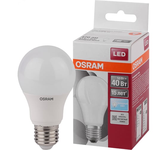 Светодиодная лампа OSRAM LED STAR A Стандарт 5.5Вт E27 470 Лм 6500 К Холодный белый свет 4052899971523