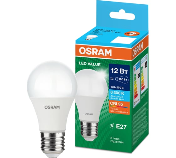 Светодиодная лампа OSRAM LED Value A E27 960лм 12Вт замена 100Вт 6500К холодный белый свет 4058075579064