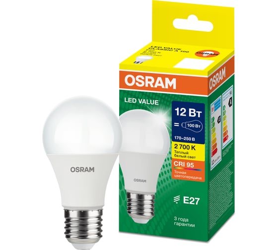 Светодиодная лампа OSRAM LED Value A E27 960лм 12Вт замена 100Вт 3000К теплый белый свет 4058075578975