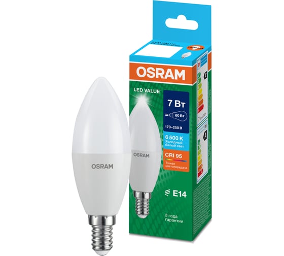 Светодиодная лампа OSRAM LED Value B E14 560лм 7Вт замена 60Вт 6500К холодный белый свет 4058075579033