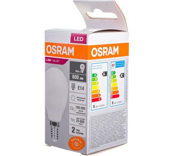 Светодиодная лампа Osram LED Value P E14 800лм 10Вт замена 75Вт 4000К нейтральный белый свет 4058075579712 4058075579743