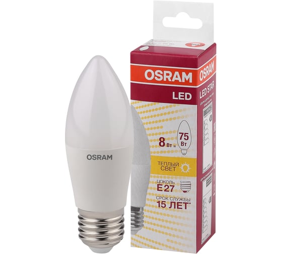 Светодиодная лампа OSRAM LED STAR B Свеча 8Вт E27 806 Лм 3000 К Теплый белый свет 4058075210745 1