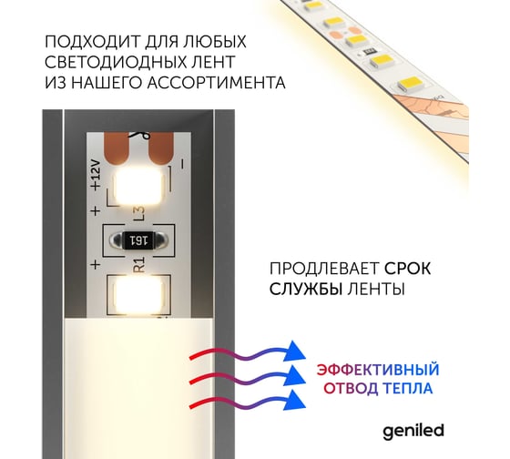 Комплект профиля для светодиодной ленты Geniled угловой 16x16x2000 М20 Черный с заглушками и полукруглым черным рассеивателем 12139b_ch