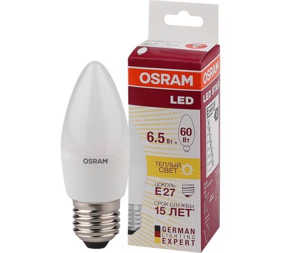 Светодиодная лампа Osram LED STAR B Свеча 6.5Вт E14 550Лм 2700К Теплый белый свет 4058075134171