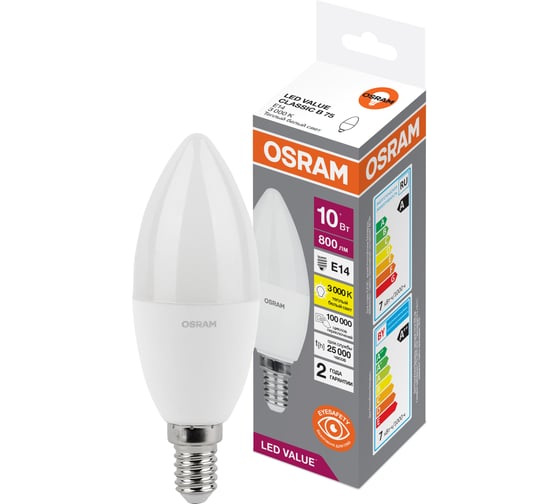 Светодиодная лампа Osram LED Value Р E14 800лм 10Вт замена 75Вт 3000К теплый белый свет 4058075579712 4058075579125