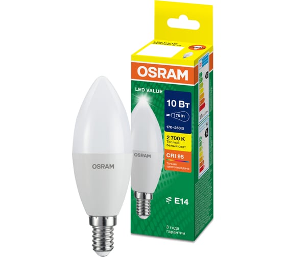 Лампа светодиодная Osram LED Value B E14 800лм 10Вт замена 75Вт 3000К теплый белый свет 4058075579125