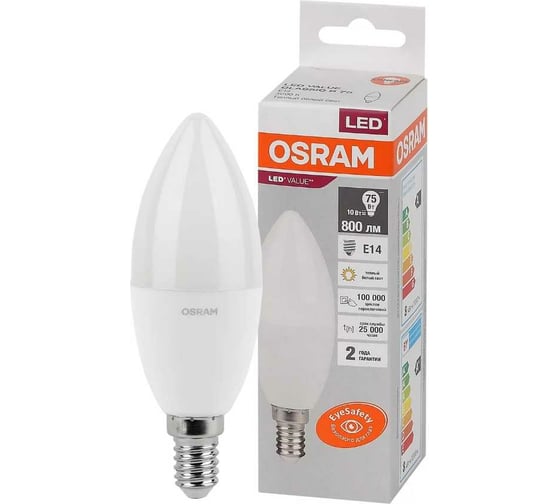Светодиодная лампа Osram LED Value Р E14 800лм 10Вт замена 75Вт 3000К теплый белый свет 4058075579712 4058075579125
