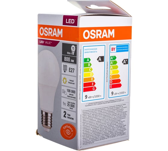 Светодиодная лампа OSRAM LED Value A Е27 800лм 10Вт замена 75Вт 3000К теплый белый свет 4058075578821
