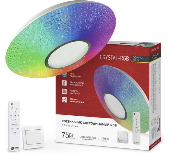 Светильник светодиодный IN HOME COMFORT CRYSTAL-RGB 75Вт 230В 3000-6500K 6000Лм 500x115мм с пультом ДУ 4690612059983 1