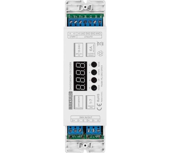 Декодер MAKSILED 12-24В, 4 канала, 6A, IP20, пластик, 162x46x23мм ML-DEC-DMX4