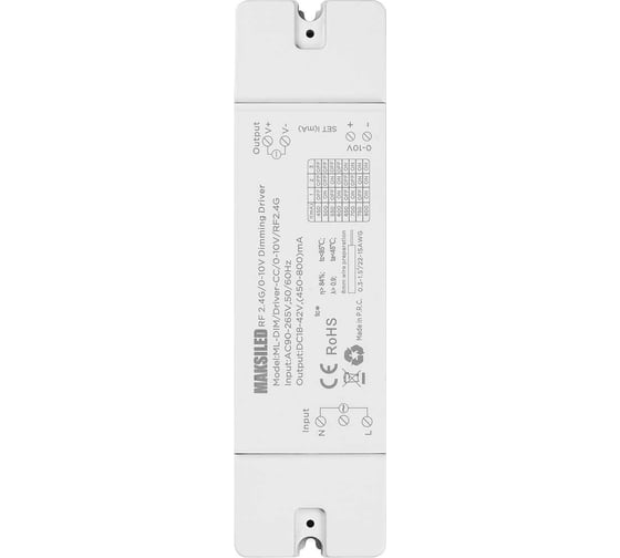 Драйвер MAKSILED ML-DIM/Driver-CC/0-10V/RF2.4G, 18-42B, 450-800mA, IP20, пластик, 162x47x26мм ML-DIM-Driver-CC-0-10V-RF2.4G