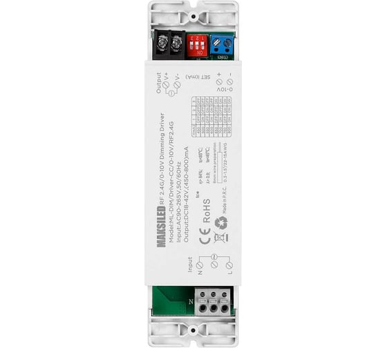 Драйвер MAKSILED ML-DIM/Driver-CC/0-10V/RF2.4G, 18-42B, 450-800mA, IP20, пластик, 162x47x26мм ML-DIM-Driver-CC-0-10V-RF2.4G