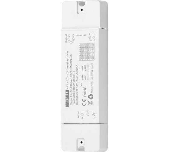 Драйвер MAKSILED ML-DIM/Driver-CC/0-10V/RF2.4G, 18-42B, 450-800mA, IP20, пластик, 162x47x26мм ML-DIM-Driver-CC-0-10V-RF2.4G