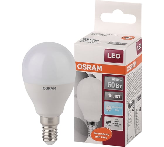 Светодиодная лампа OSRAM LED STAR, P, шар, 6.5Вт, E14, 550 Лм, 4000 К, нейтральный белый свет 4058075134263