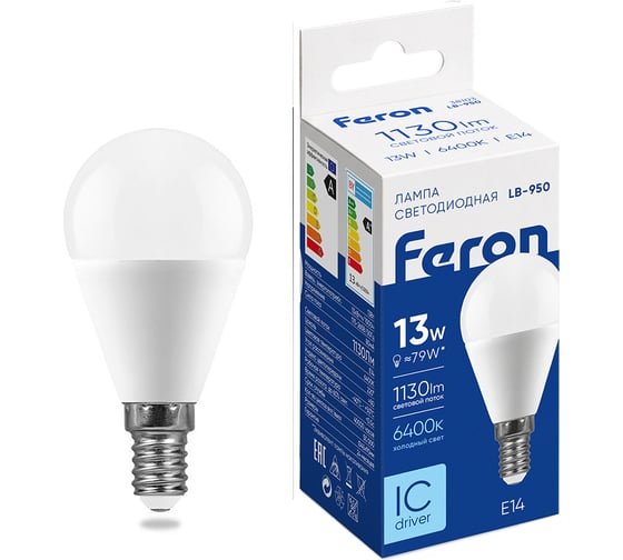Светодиодная лампа FERON LB-950, G45 шар малый, 13W 230V E14 6400К 1130Lm 38103