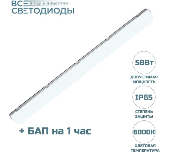 Аварийный светильник ВСЕСВЕТОДИОДЫ АЙСБЕРГ VS102M 58W-7250Lm 6000-6500К ОПАЛ IP65 с БАП на 1 час vs102m-58-op-6k-li1h