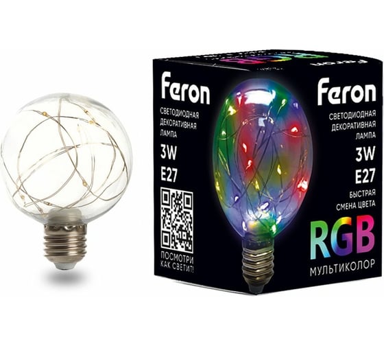 Светодиодная лампа FERON LB-381, G80, 3W 175-265V E27 RGB, 250Lm, угол рассеивания 220 41676