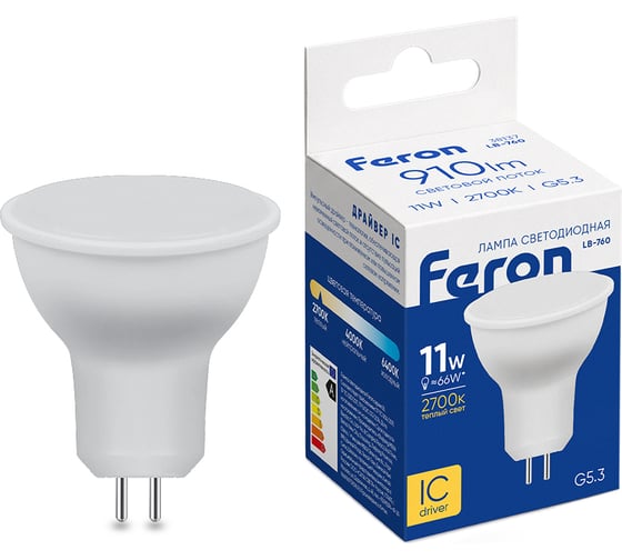 Светодиодная лампа FERON LB-760, MR16 рефлекторная, 11W 230V G5.3 2700К, 910Lm 38137