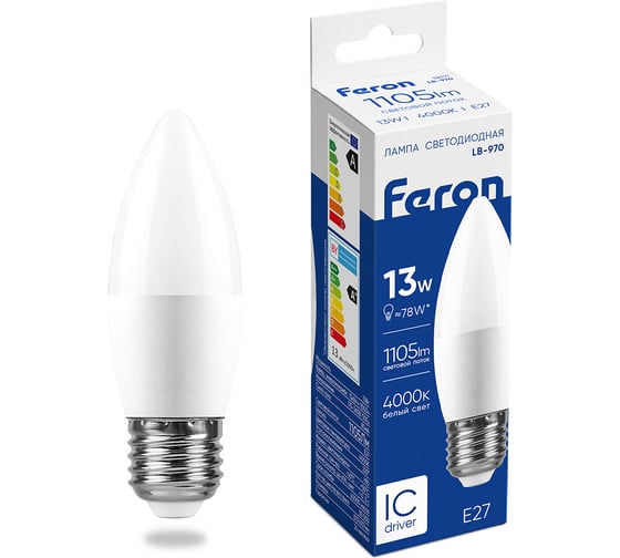 Светодиодная лампа FERON LB-970, 13W, 230V E27 4000K свеча 38111